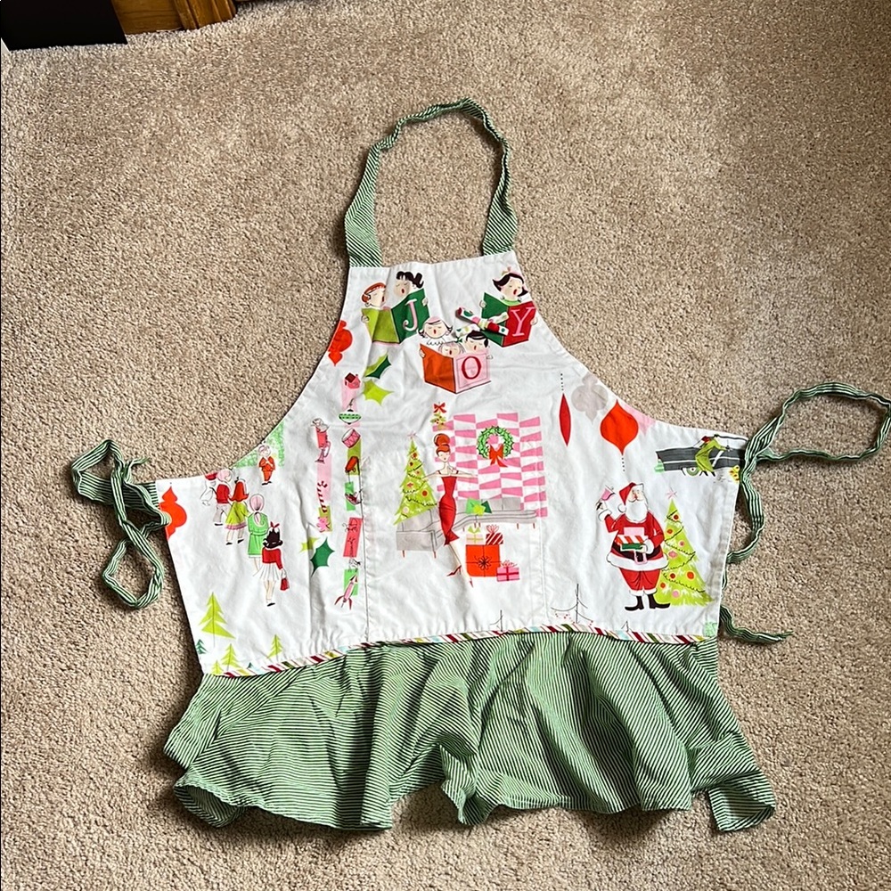Festive Cotton Christmas Apron with Green Stripes.